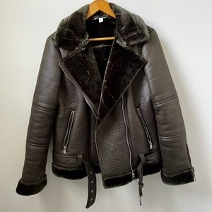 Topshop Khaki Faux Shearling Biker Jacket.
